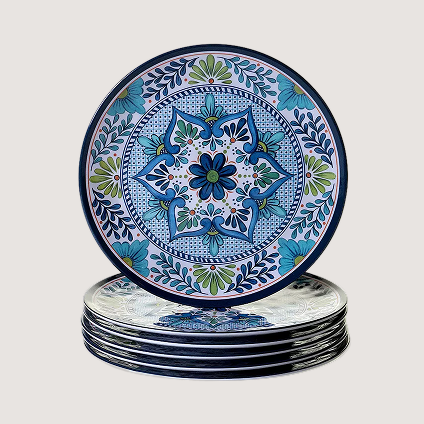 Blue dining plate with geometric patterns.