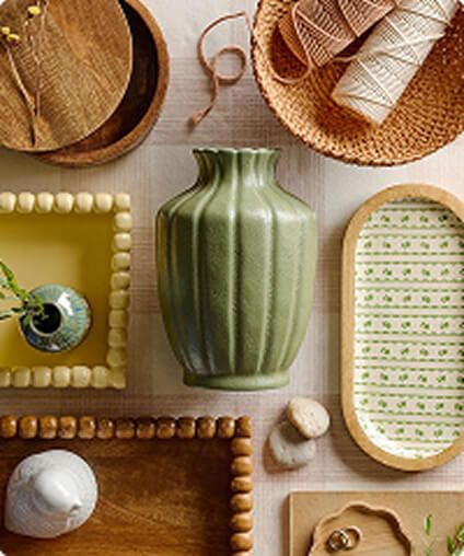 Collection of various home goods displayed over a neutral background.