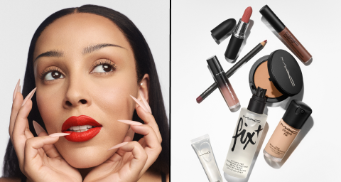 Woman making an inquisitive look with her face in her hands and an asssortment of MAC cosmetics products to the side.
