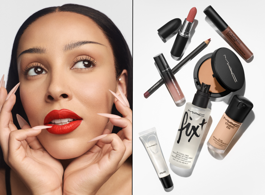 Split image of a model resting her face in her hands and Assorted MAC Cosmetics products laid out over a white background.