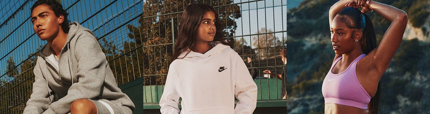 3 different depictions of athletes posing in different Nike active gear.