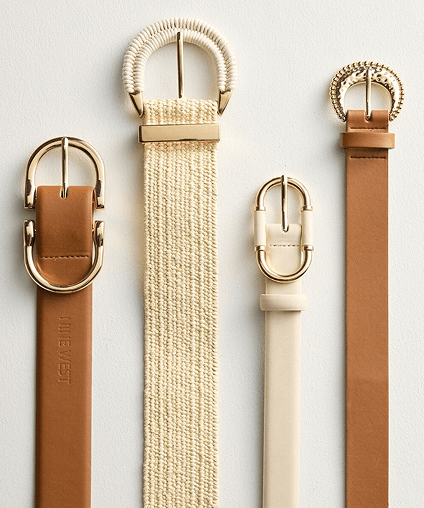 Assorted belt types aligned over a gray background.