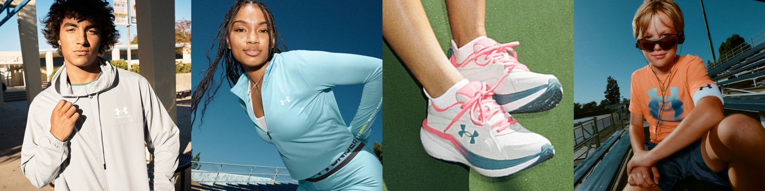 4 different depictions of athletes posing in different Under Armour gear and shoes.