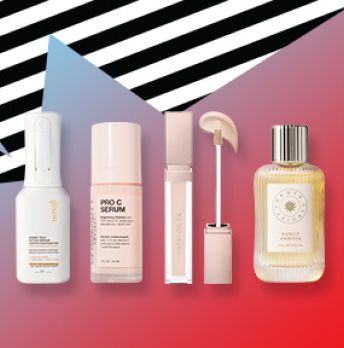 Collection of newly arrived beauty products over a decorative background.