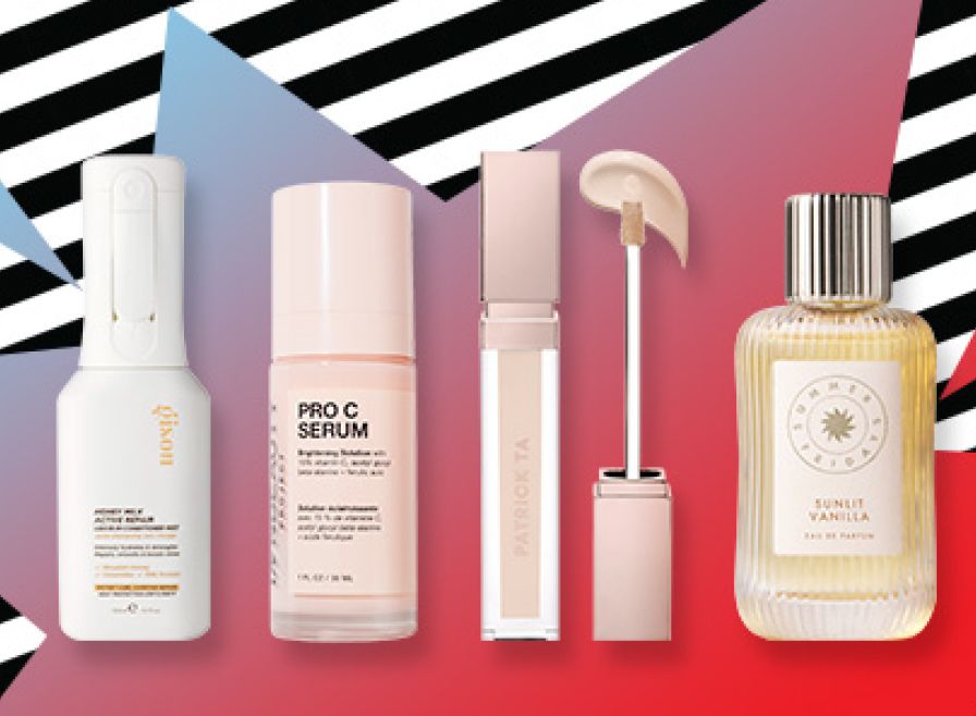 Collection of newly arrived beauty products over a decorative background.