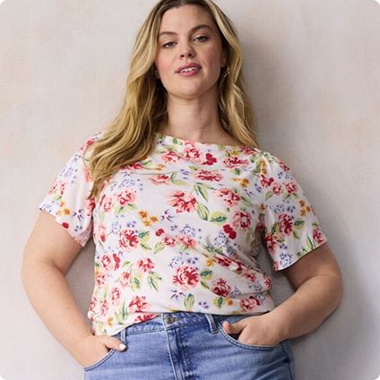 Woman in floral short sleeve blouse