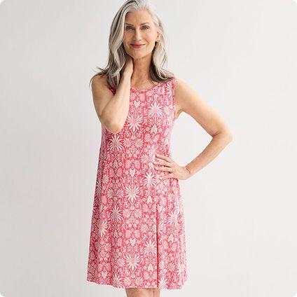 Woman in sleeveless pink floral dress
