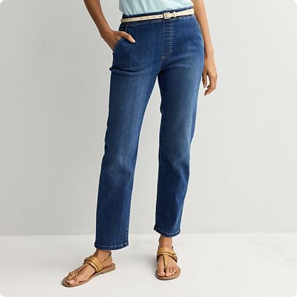 Woman wearing dark wash denim jeans