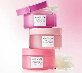 3 different types of Glow Recipe toner pad containers stacked on top of eachother.