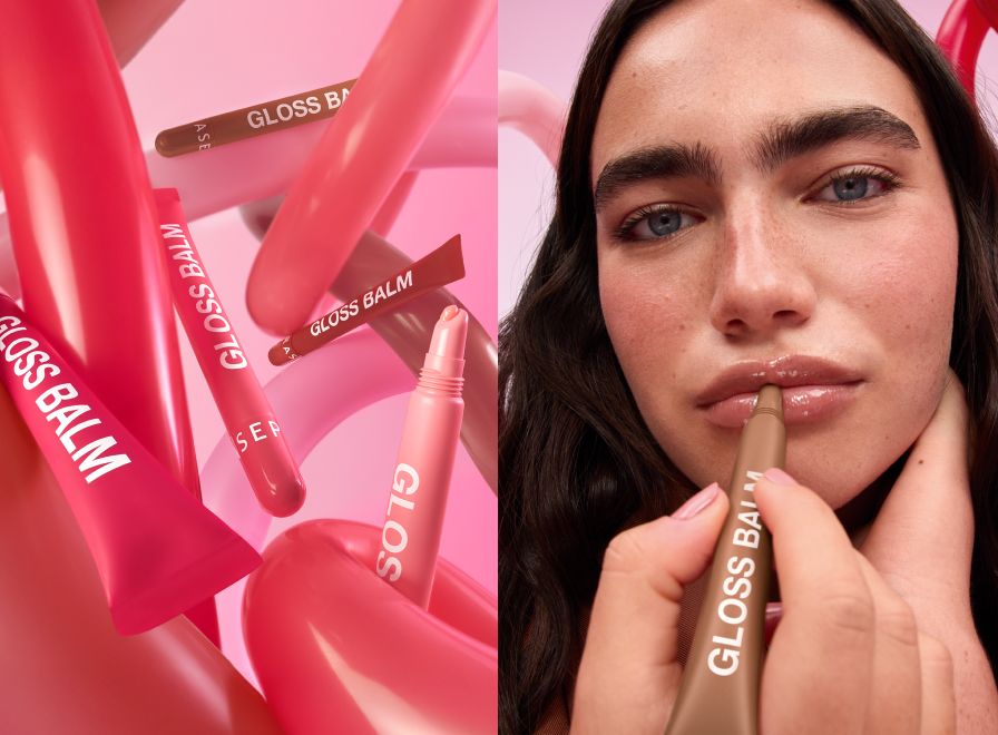 5 different shades of SEPHORA COLLECTION Hydrating Gloss Balm split with image of a model applying the balm to their lips.