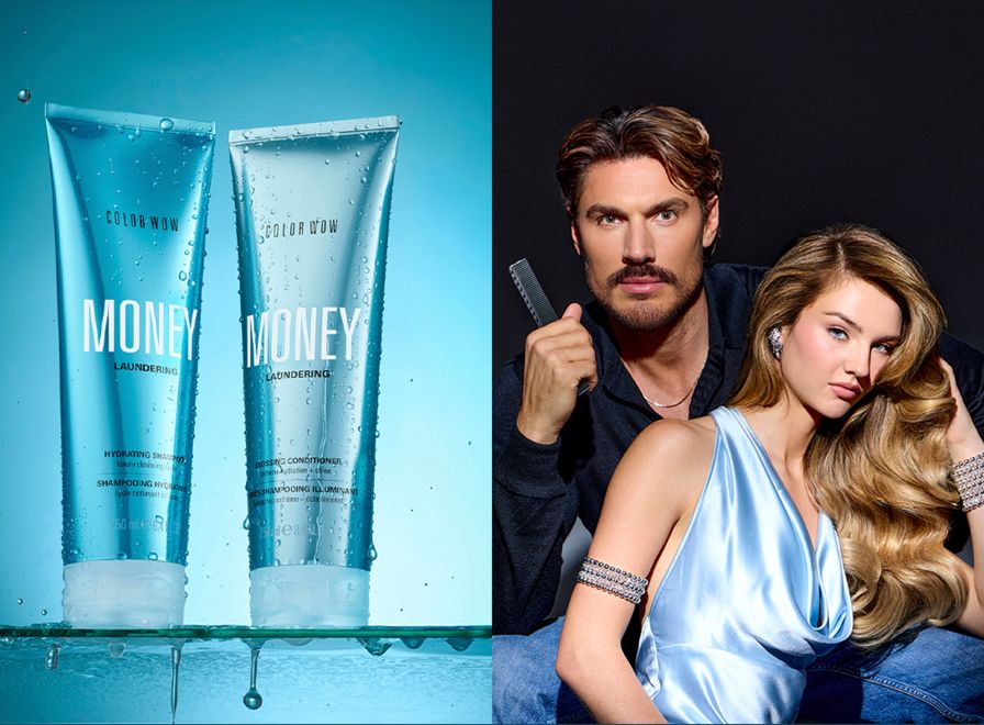 Two bottles of COLOR WOW Money Laundering Shampoo over a blue background split with an image of a male and female model posing towards the camera.