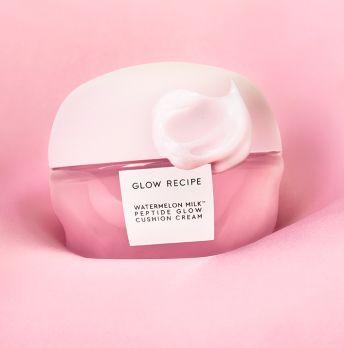 Glow Recipe Watermelon Milk Peptide Cushion Cream over a pink background.
