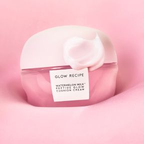 Glow Recipe Watermelon Milk Peptide Cushion Cream over a pink background.