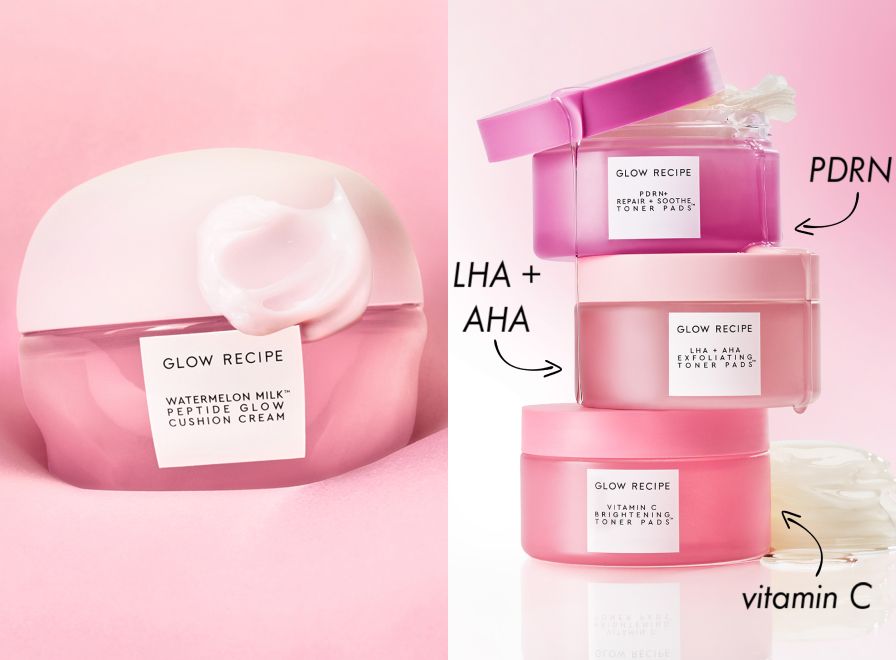 Glow Recipe Watermelon Milk Peptide Cushion Cream over a pink background split with an image of three of these cream containers stacked on top of each other.