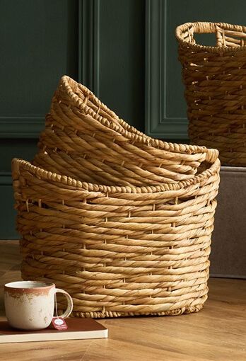 Various weaved baskets stacked.