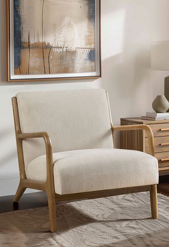 Beige chair in front of a hanging picture and table with drawers.