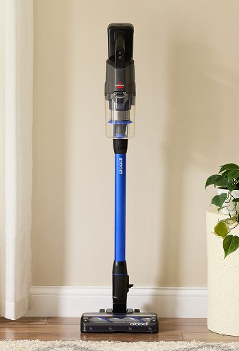 Vacuum cleaner leaning against a wall next to a flower pot.