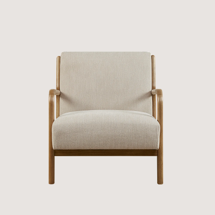 Beige chair with wooden framing and arm rests.