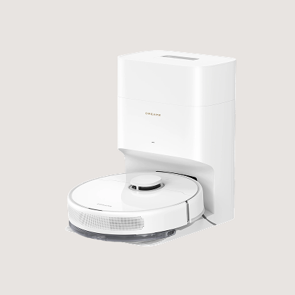 Robotic vacuum parked in its docking station.