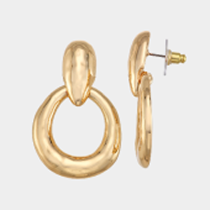 Two gold earings with a hoop, one facing forward, and a profile view of the second.