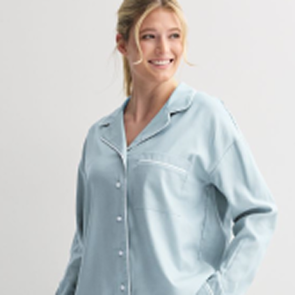 Model wearing a blue pajama top.