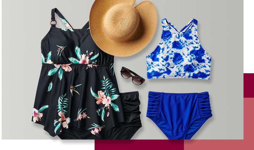 Black floral tankini top, blue floral bikini, blue swim bottoms, sunglasses, and a straw hat.