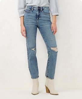 Woman wearing straight-leg jeans