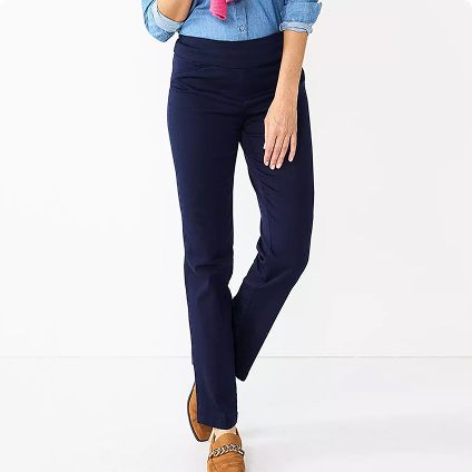 Woman wearing pull-on stretch pants