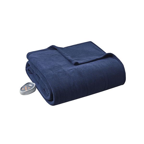 Queen Knitted Electric Heated Micro Fleece Bed Blanket Navy - Beautyrest: Machine Washable, 5-Year Warranty