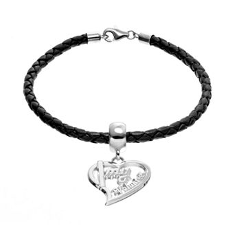 Insignia Collection Sterling Silver & Leather "I Love My Volunteer" Heart Charm Bracelet