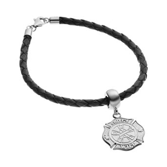 Insignia Collection Sterling Silver & Leather Fire Rescue Maltese Cross Charm Bracelet