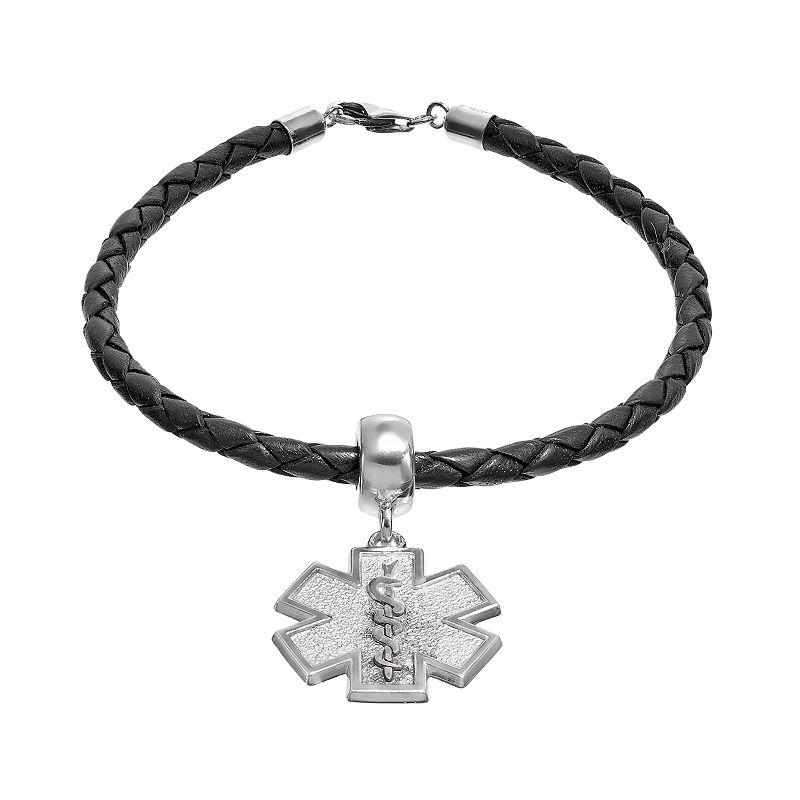 Insignia Collection Sterling Silver and Leather Star of Life Charm Bracele