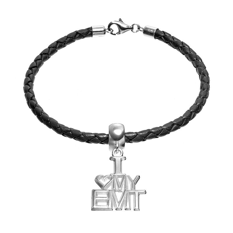 Insignia Collection Sterling Silver & Leather I Love My EMT Charm Brac