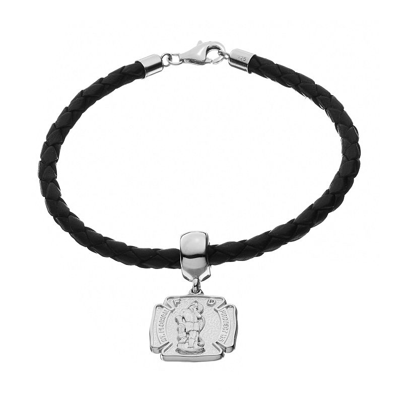 Insignia Collection Sterling Silver and Leather St. Florian Charm Bracelet