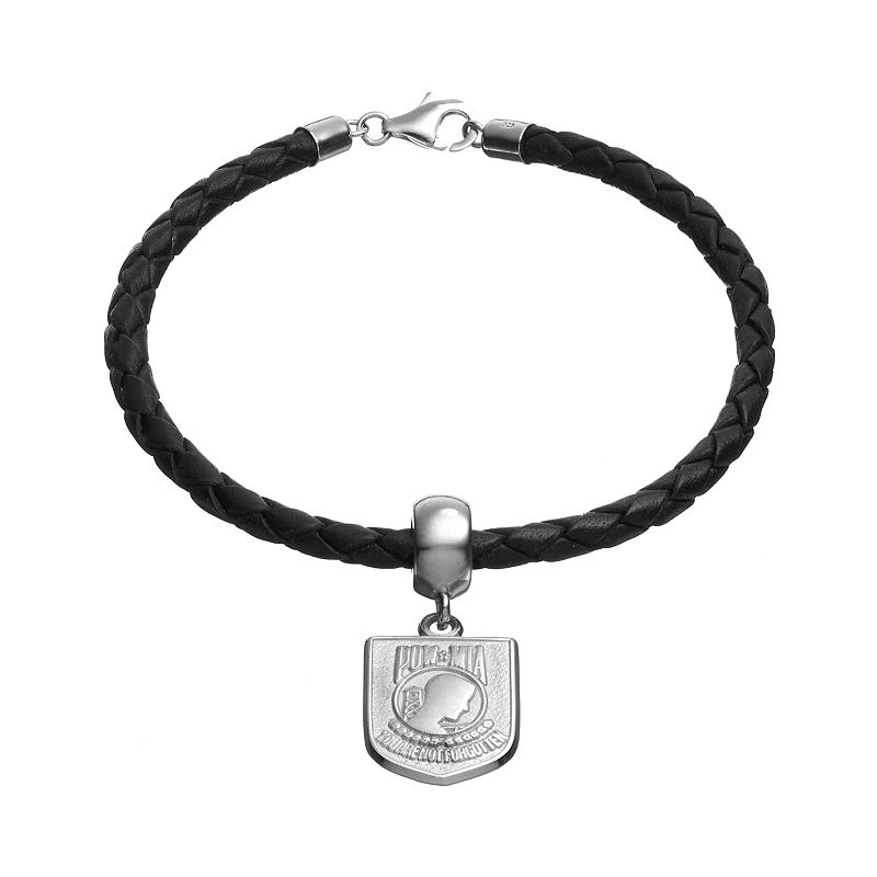 Insignia Collection Sterling Silver & Leather POW MIA Charm Bracelet, 