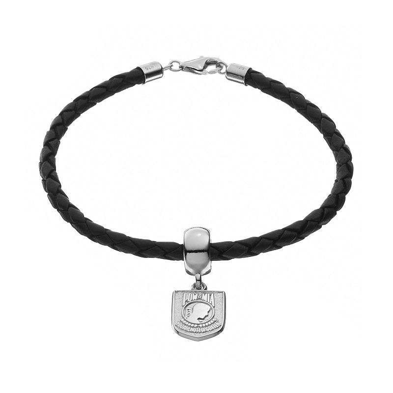 Insignia Collection Sterling Silver & Leather POW MIA Charm Bracelet, 