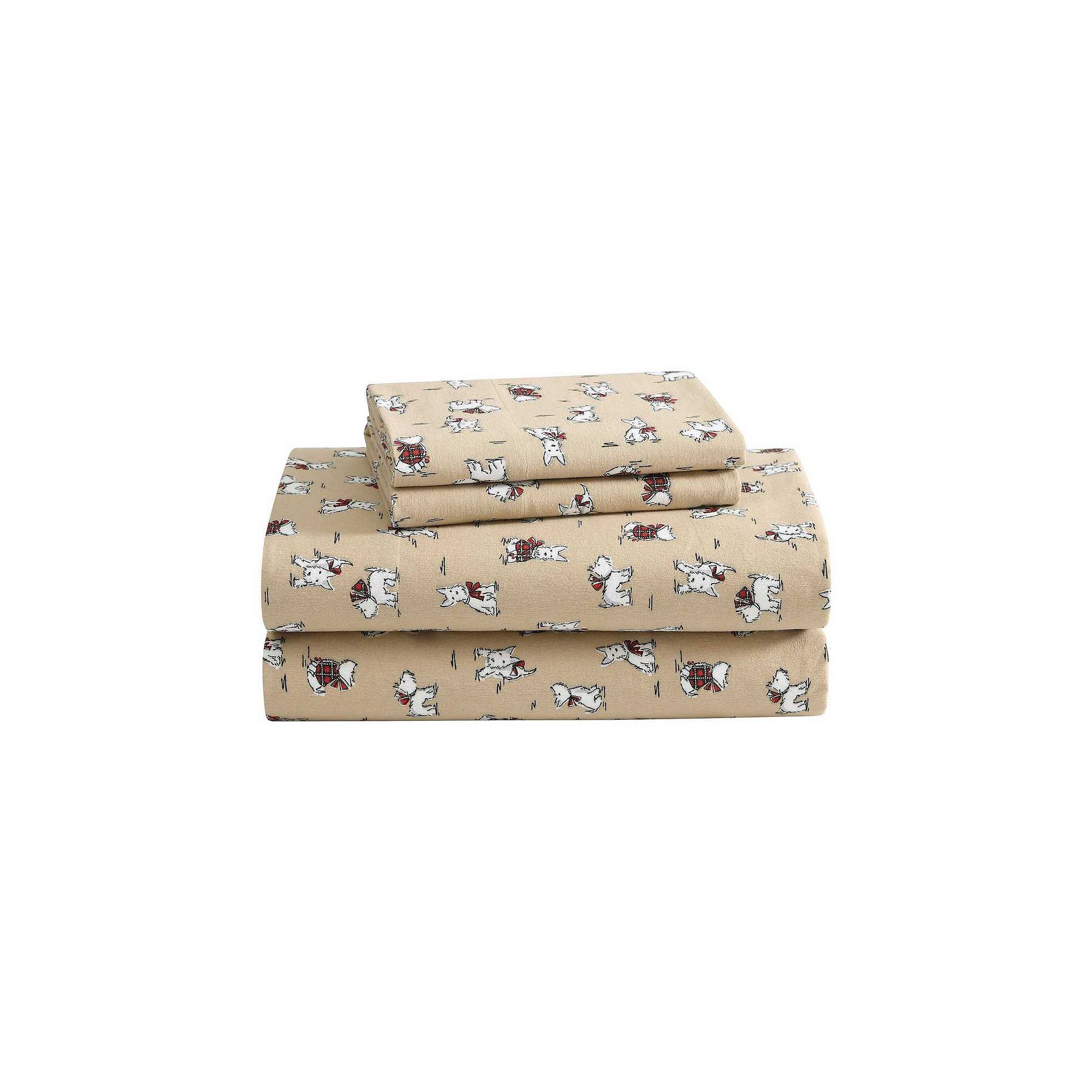 Laura Ashley Brushed Cotton Flannel Sheet Set, Holiday Scottie Beige