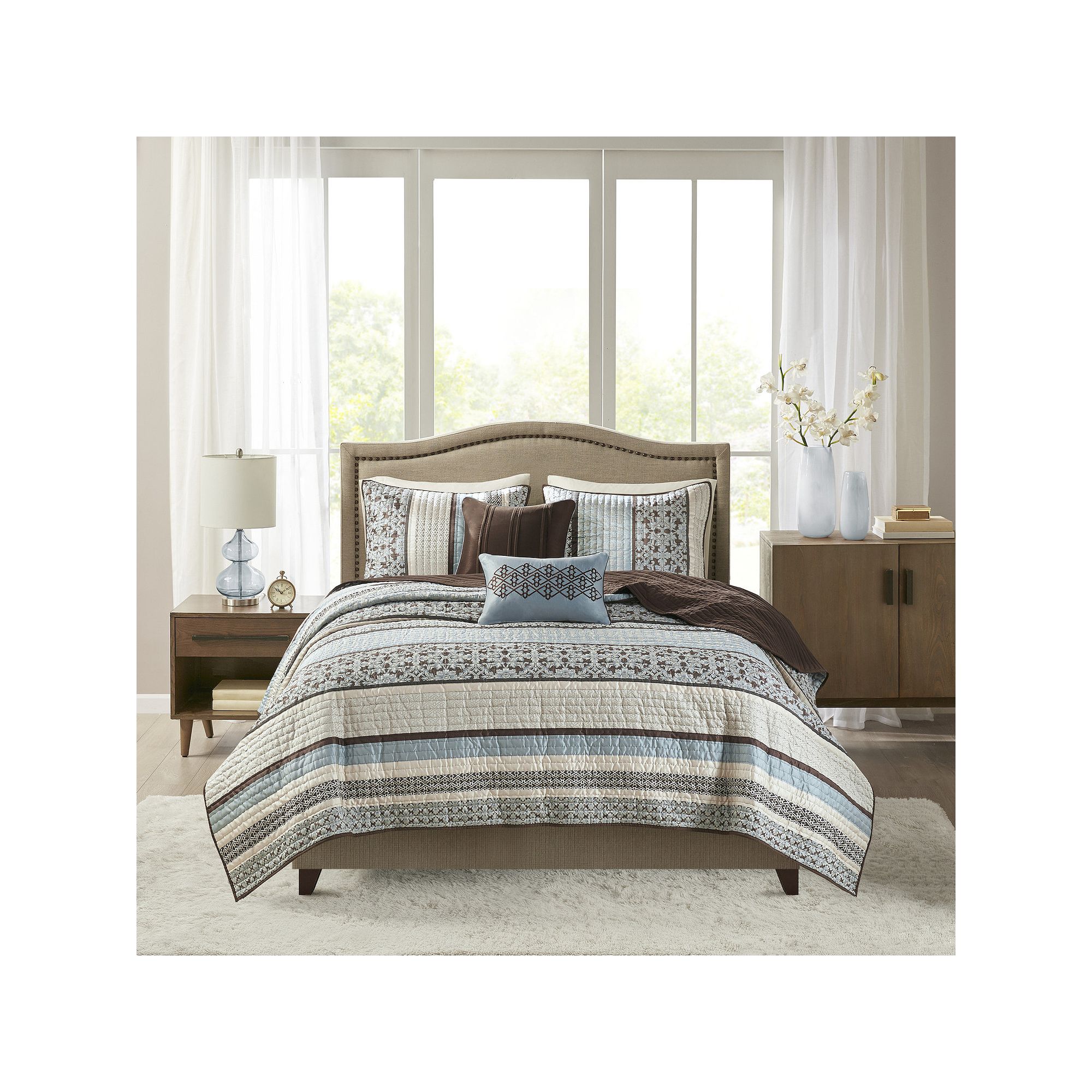 Madison Park Dartmouth 5-Piece Quilt Set with Shams and Throw Pillows, Blue