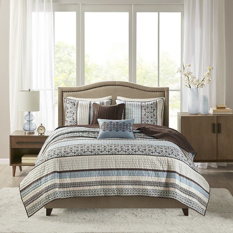 5pc King/California King Cambridge Reversible Quilted Coverlet Set Blue - Madison Park: Includes Shams & Decorative Pillows