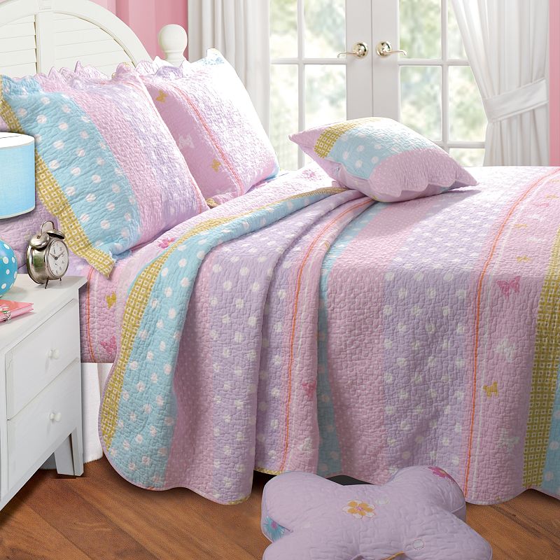 Greenland Home Fashions Polka-Dot Striped Quilt Set, White, Twin