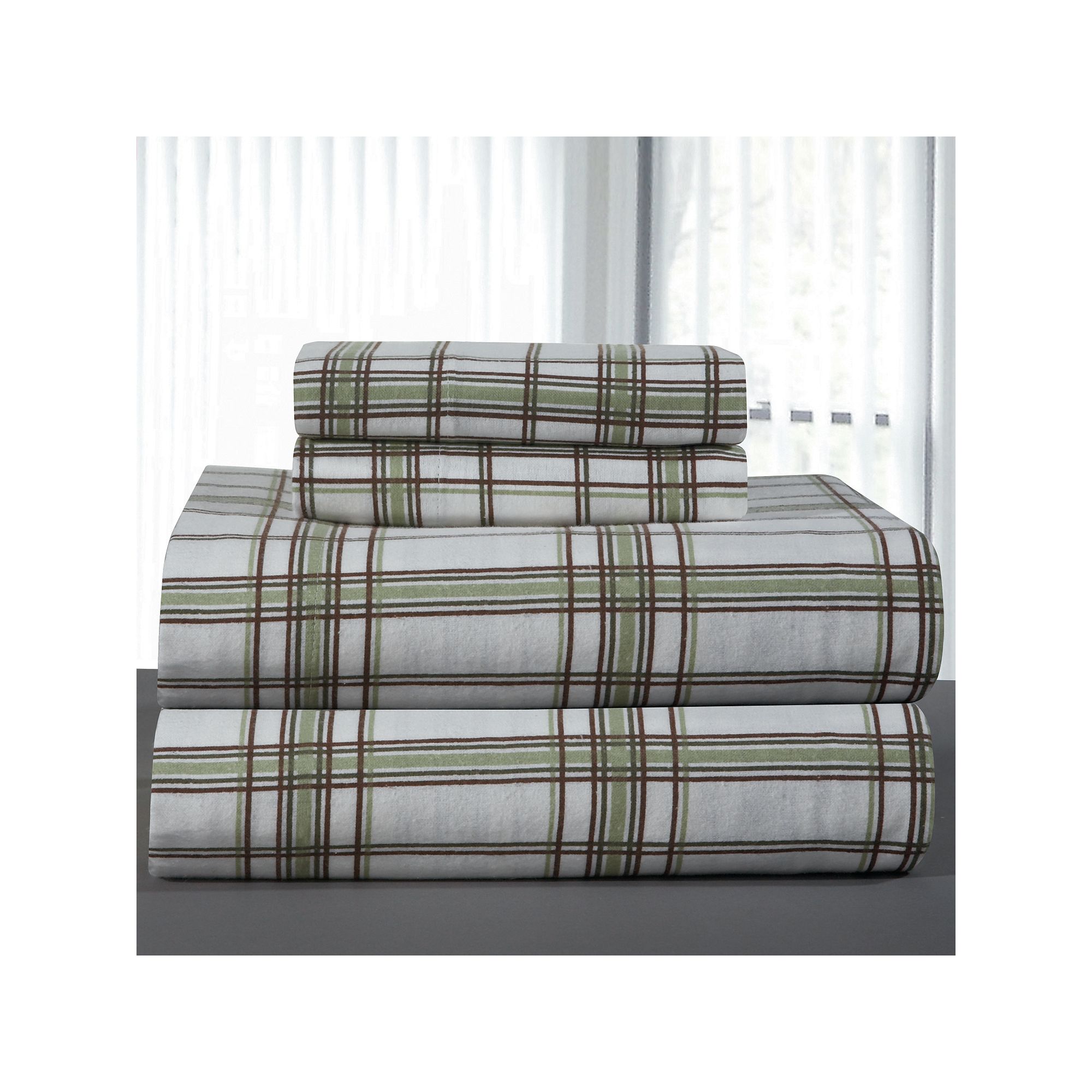 Pointehaven 100% Cotton Flannel Sheet Set, Green Plaid