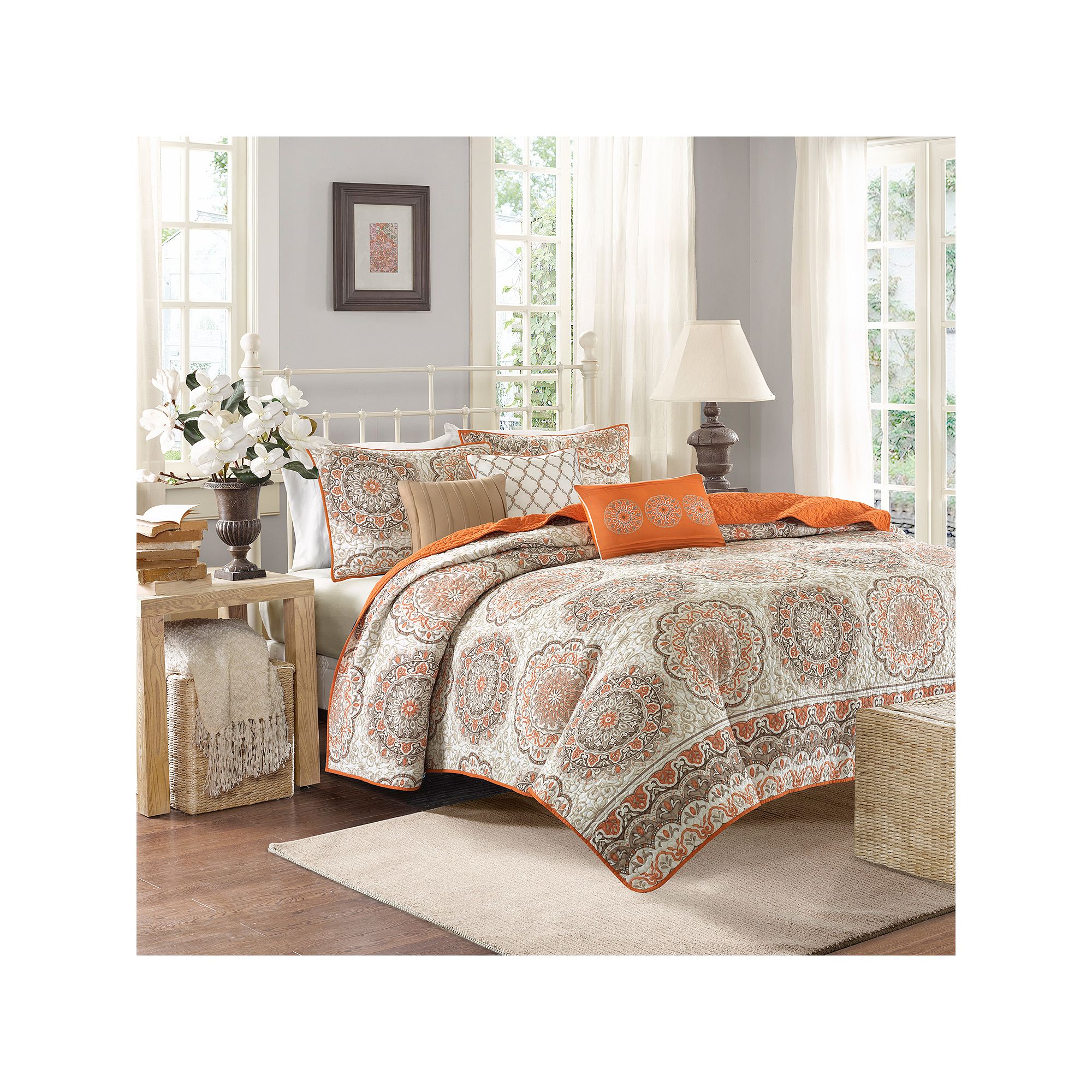 Madison Park Moraga 6-Piece Quilt Set with Throw Pillows, Orange
