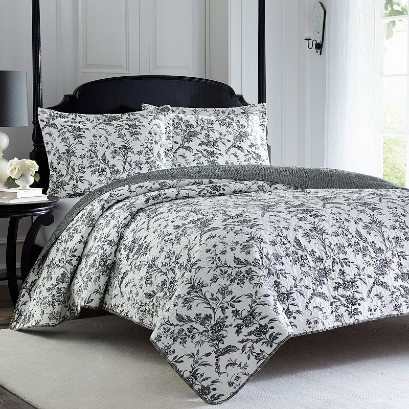 similar to stock photos Laura Ashley 3pc King Amberley Quilt and Sham Set Black & White: Floral Bedding, Pre-Washed