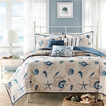 Madison Park Nantucket Coastal Brushed Microfiber Quilt Set with Throw Pillows