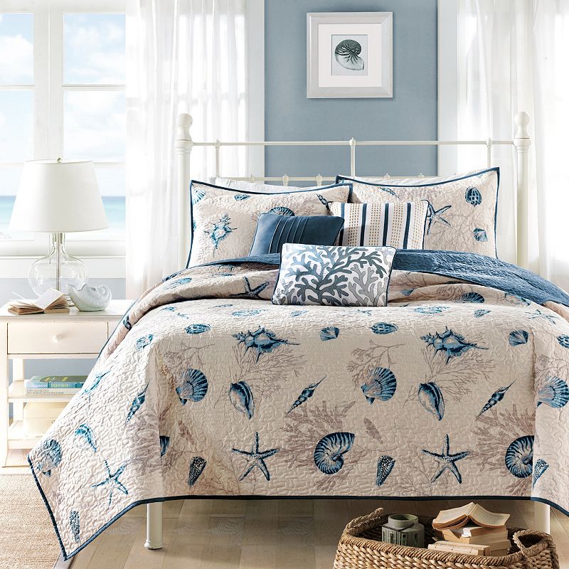 6pc Full/Queen Rockaway Reversible Quilted Coverlet Set Blue - Madison Park: Nautical Microfiber Comfort