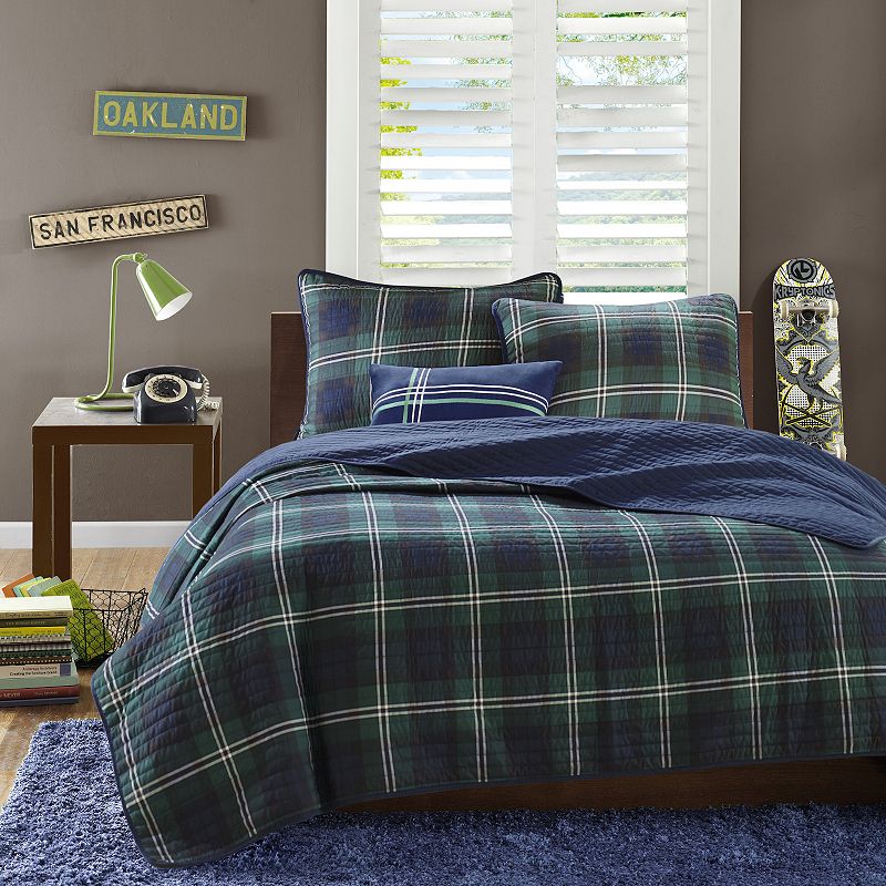 Mi Zone Cameron Reversible Plaid Quilt Set with Throw Pillow, Blue, Twin