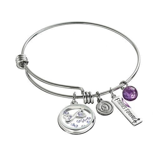 love this life Crystal & Amethyst Stainless Steel "Friends Forever" Charm Bangle Bracelet