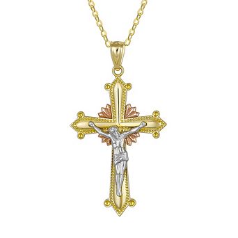 14k Gold Tri-Tone Crucifix Pendant Necklace