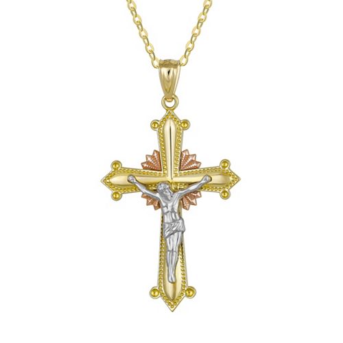 14k Gold TriTone Crucifix Pendant Necklace