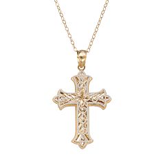 14k Gold Two Tone Filigree Cross Pendant Necklace by